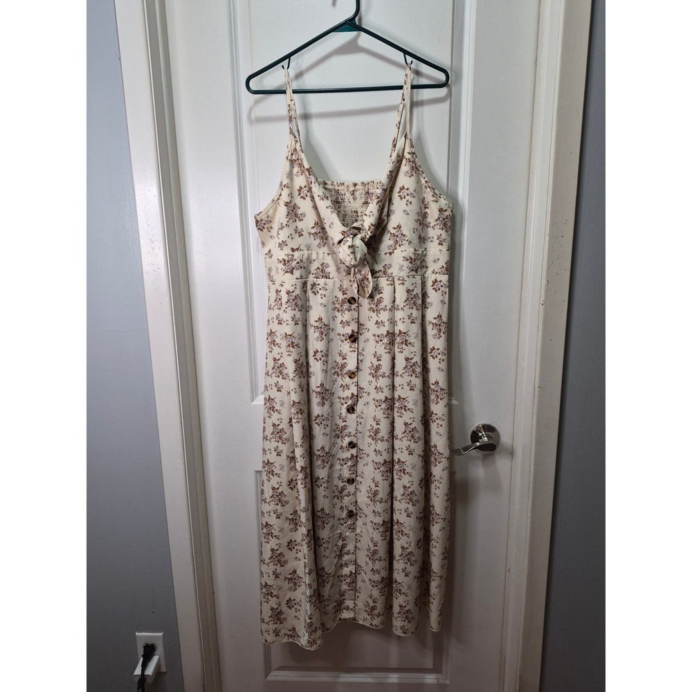 Floral Tie‎ Front Button Down Midi Dress Cream Brown Rose Cottagecore 2XL